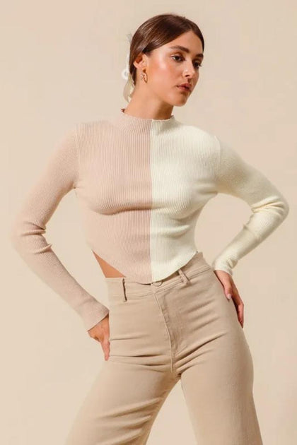 TRUEDAMES Color Block Crop Sweater Beige Small 3