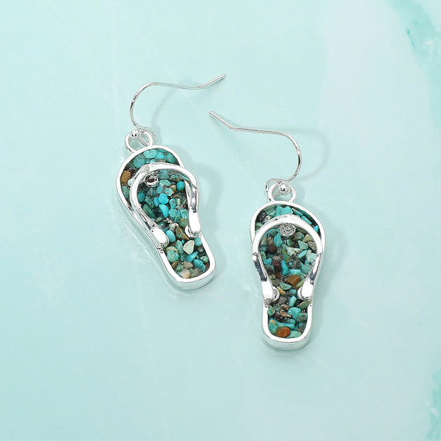 FASHNZFAB Crushed Pebble Flip Flop Dangle Earrings Blue 2