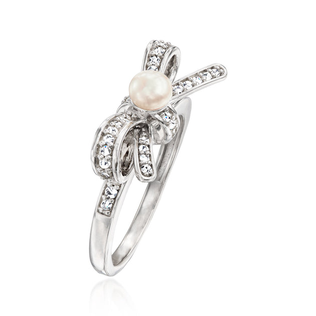 Ross-Simons Cultured Pearl and Diamond Bow Ring Silver US 9 4