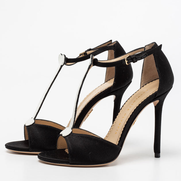 Charlotte Olympia Satin Skeleton T-Strap Sandals Black EU 36.5 3