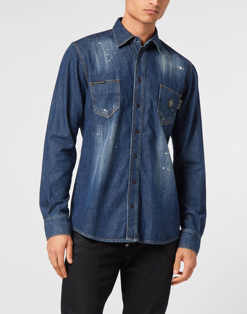 Philipp Plein Denim Shirt Long-Sleeve Skull & Bones Multi Small 4