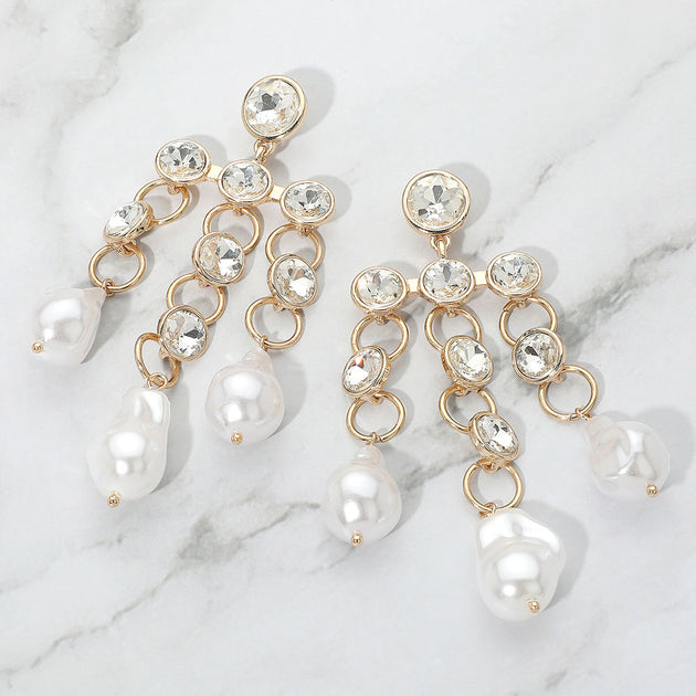 FASHNZFAB Round Stone Pearl Link Dangle Earrings Silver 3