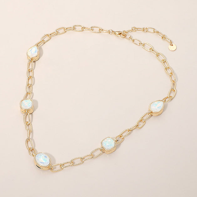 FASHNZFAB Oval Teardrop Square Stone Bezel Link Necklace Blue One Size 3