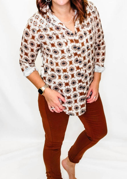 Charlie B Printed Button Up Top White Small 4