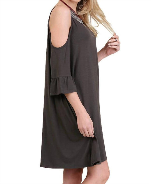 umgee Open Shoulder Ruffle Sleeve Dress Ash 2X 3