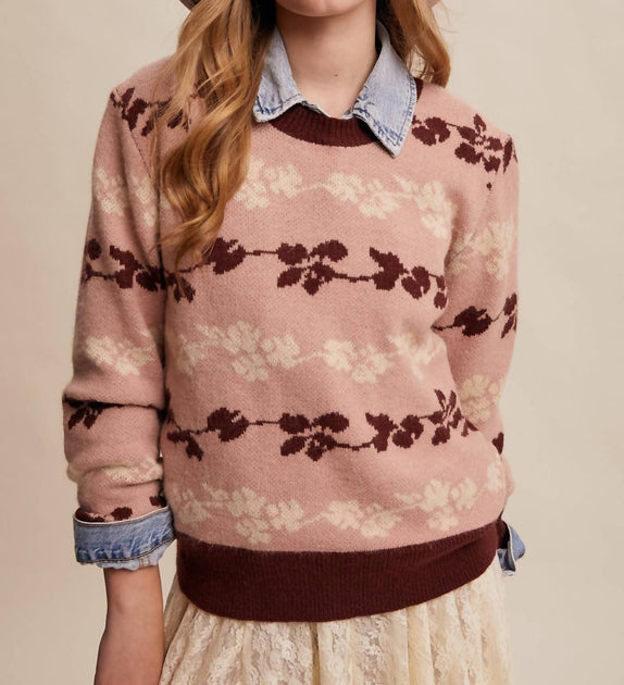 Listicle Floral Jacquard Knit Pullover Pink Large 2