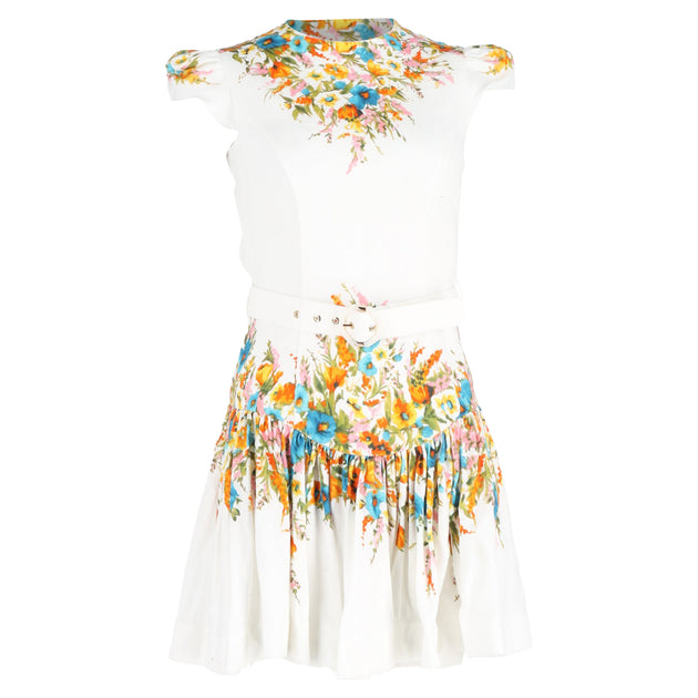 Zimmermann Estelle Floral Print Mini Belted Flared Dress In Multicolor  Linen