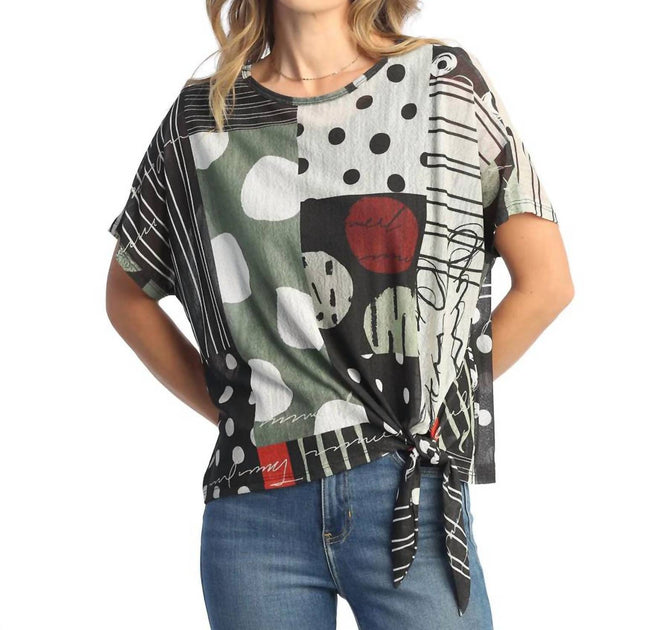 Jess & Jane Amelia Crepe Mesh Tie Front Top Green 1X 3