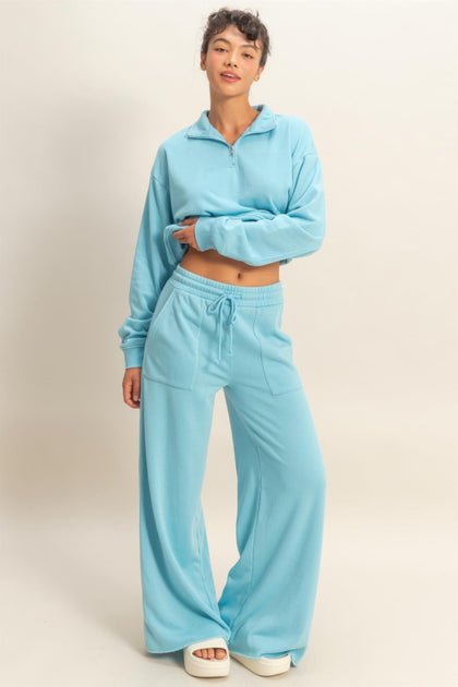 TRUEDAMES Burnout French Terry Wide-leg Pants Blue Medium 5