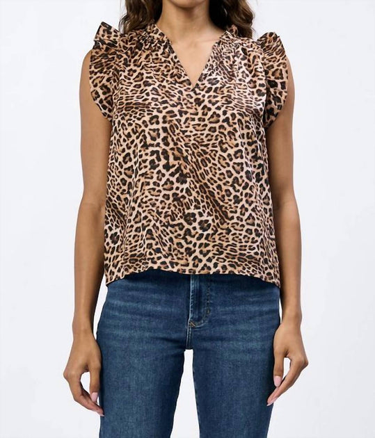 Dear John Denim V-Neck Leopard Blouse Beige Small 2