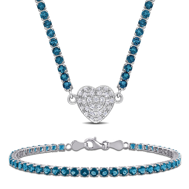 Mimi & Max Heart Necklace and Bracelet Set Sterling Silver Blue Topaz 3