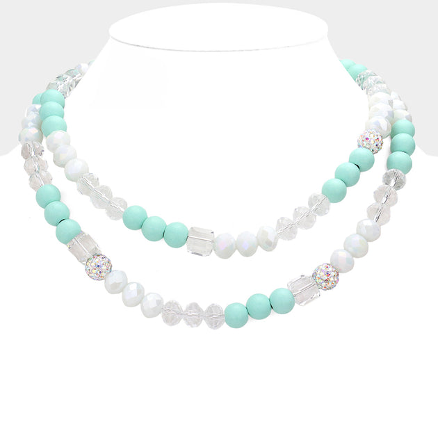 FASHNZFAB Shamballa Wood Ball Double Layered Necklace Silver 6