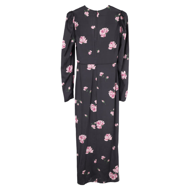 Reformation Floral Print Long Sleeve Midi Dress In Black Silk