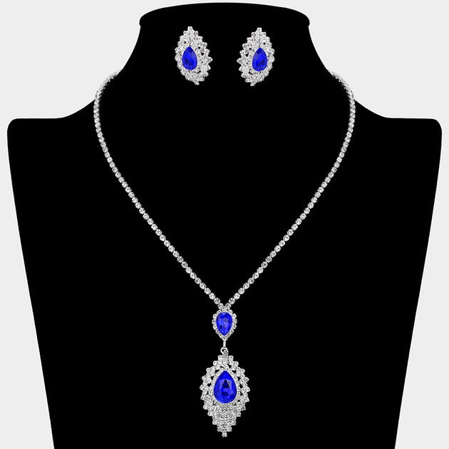 FASHNZFAB Teardrop Stone Center Rhinestone Paved Pendant Accent Necklace Sapphire 2