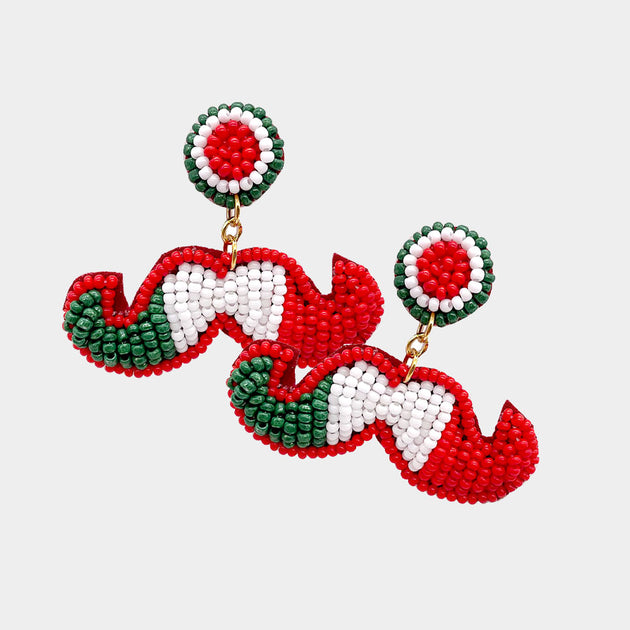 FASHNZFAB Seed Beaded Mustache Dangle Earrings Red 2