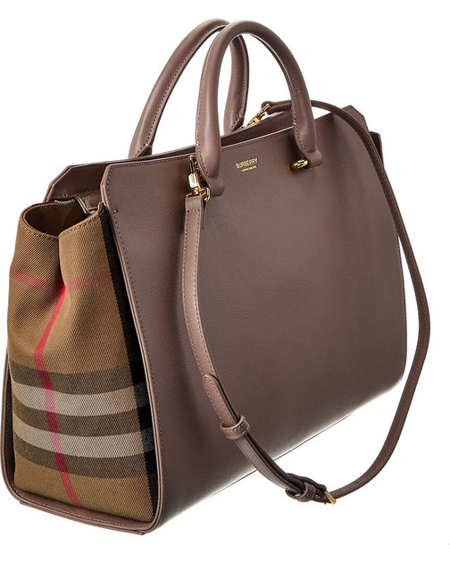 Burberry Banwell Medium Leather & Check Canvas Satchel | ShopSimon