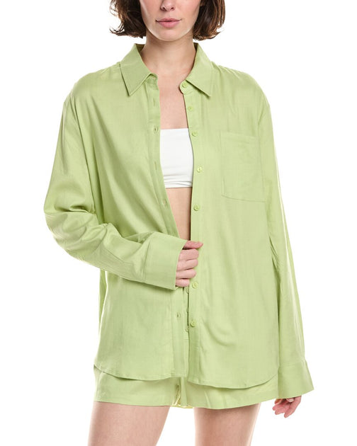 RIOT Arden Linen-Blend Button Down Top Green Small 2
