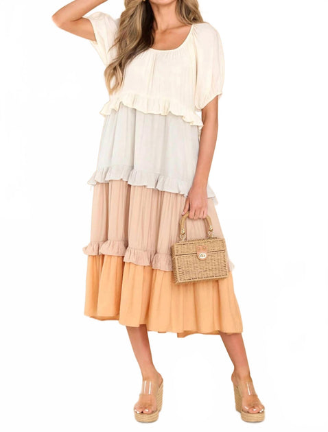 entro Colorblock Tiered Midi Dress Beige Large 3