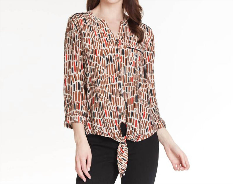 Multiples Tie Front Print Blouse Brown Medium 2