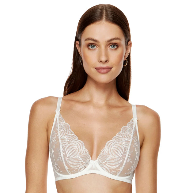 TRUEDAMES Sheer Deep Plunge Floral Bra Beige 34B 2
