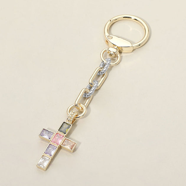 FASHNZFAB Colorful CZ Stone Cross Charm Keychain Silver 2