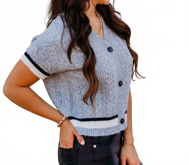 Design History V-Neck Short Sleeve Button Front Top Grey Large 3