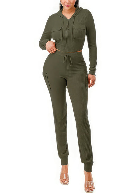 TRUEDAMES Rib Cargo Hoodie Set Green XL 2