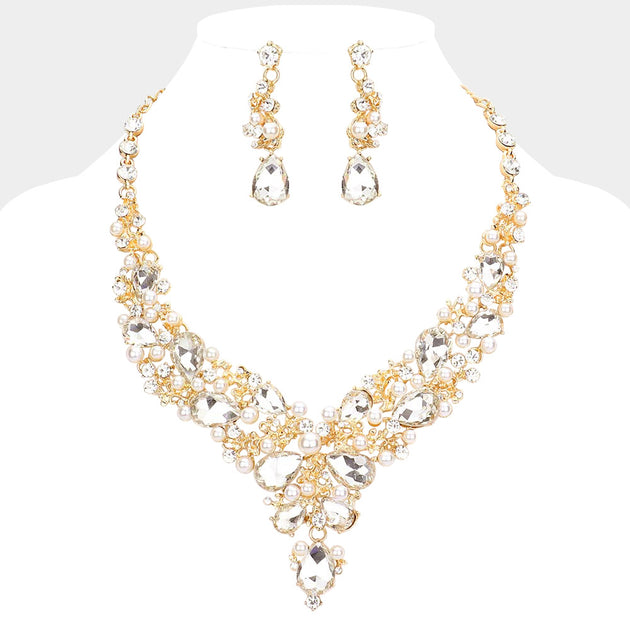 FASHNZFAB Pearl Teardrop Stone Evening Necklace Multi One Size 4