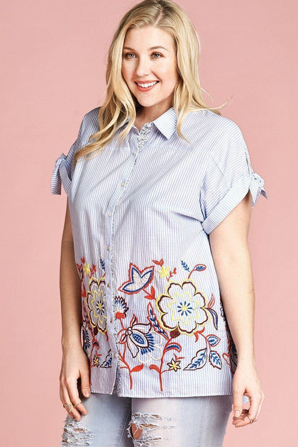 TRUEDAMES Striped Buttoned Down Collared Blouse Blue 3X 4
