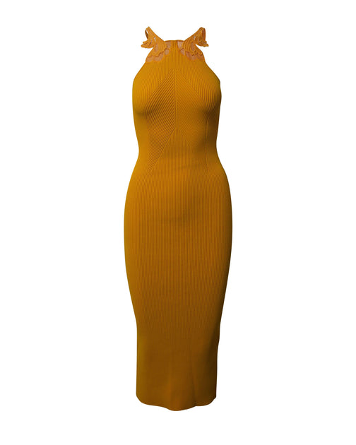 Self-Portrait Self Portrait Lace Insert Knit Midi Dress in Yellow Viscose