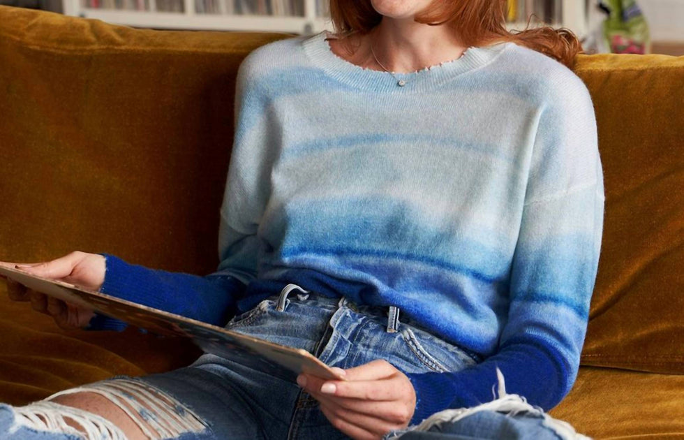 Autumn Cashmere Gradient Distress Crew Top Blue Small 2