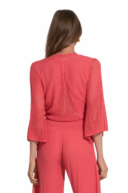 ELAN Resort Tie Front Crochet Sleeve Top Pink Large 3