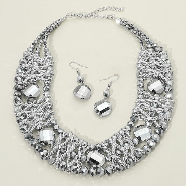 FASHNZFAB Multi Strand Beaded Necklace Set Blue 3