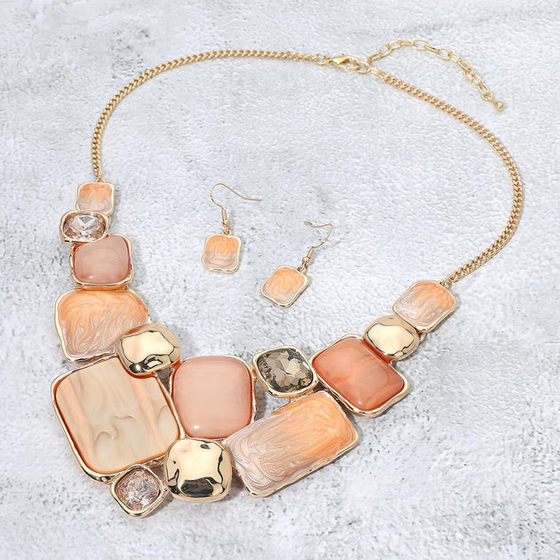 FASHNZFAB Geometric Plate Mosaic Link Statement Necklace Brown Gold Silver One Size 2
