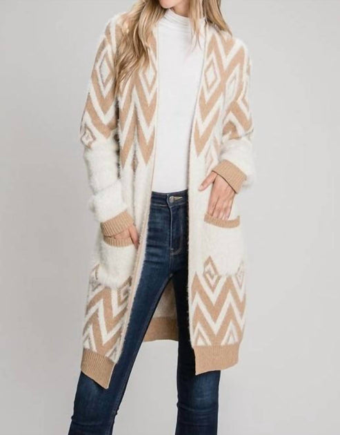 Allie Rose Cozy Eyelash Chevron Open Cardigan Beige Medium 2