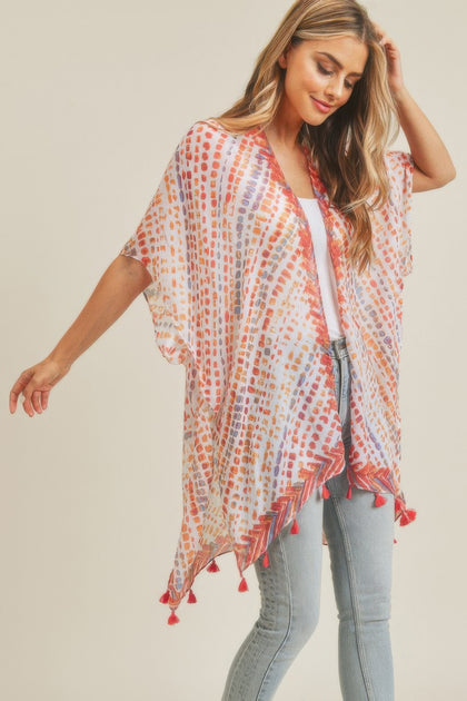 TRUEDAMES Multi Dash Pattern Tassel Kimono Beige One Size 3