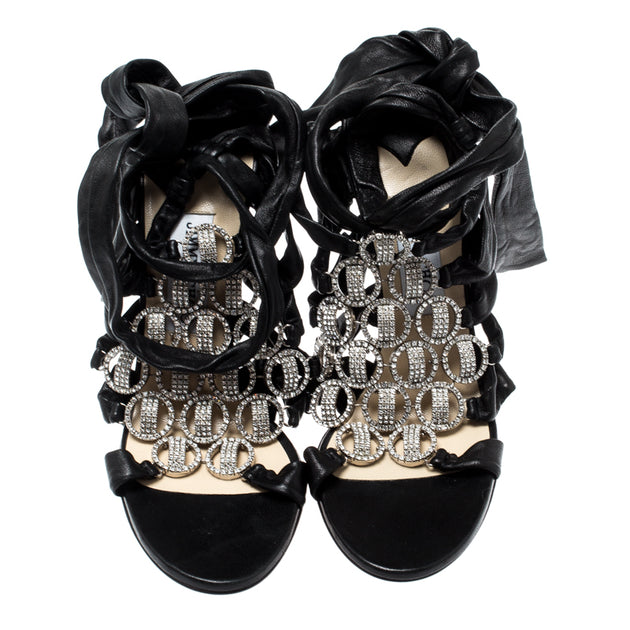 Jimmy Choo Marine Crystal Embellished Tie Up Sandals Black EU 39 4