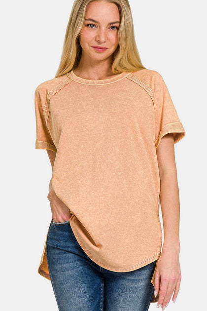 TRUEDAMES Heathered Round Neck Short Sleeve Top Beige Medium 2