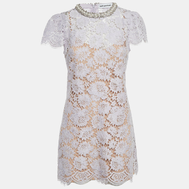 Self-Portrait Lilac Lace Embellished Neck Mini Dress Blue Small 2
