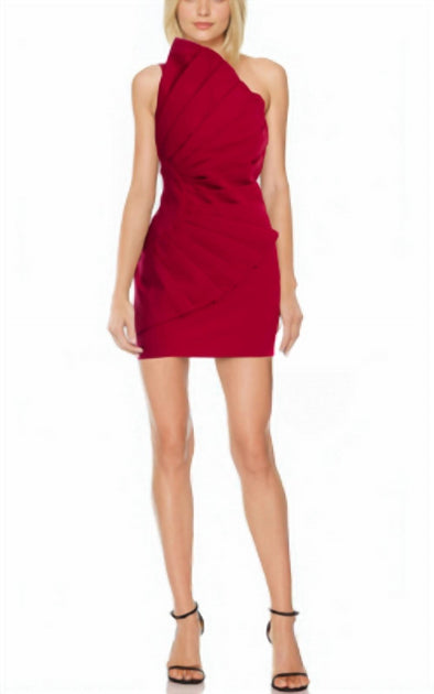 badgley mischka red one shoulder dress Badgley Mischka Collection Pleated One-Shoulder Midi Dress