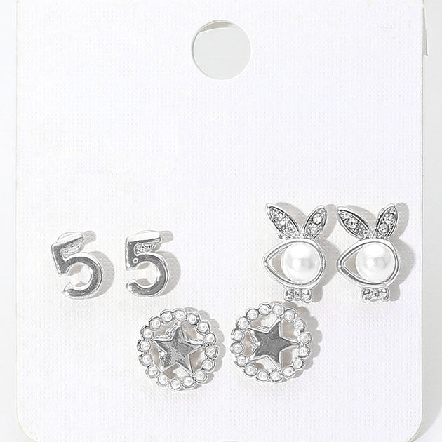 FASHNZFAB 3 Pairs Stud Earrings Silver 5