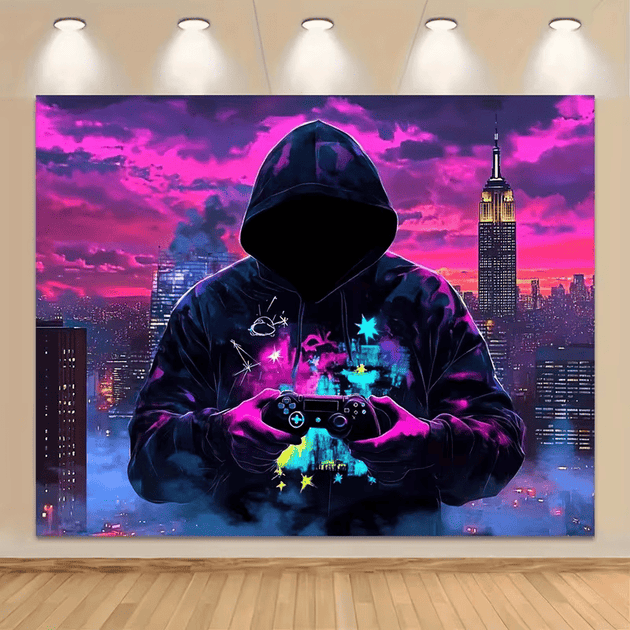 SENROTINI 2D Flat Fluorescent Tapestry Mysterious Man Game Controller Print 92x72in 4