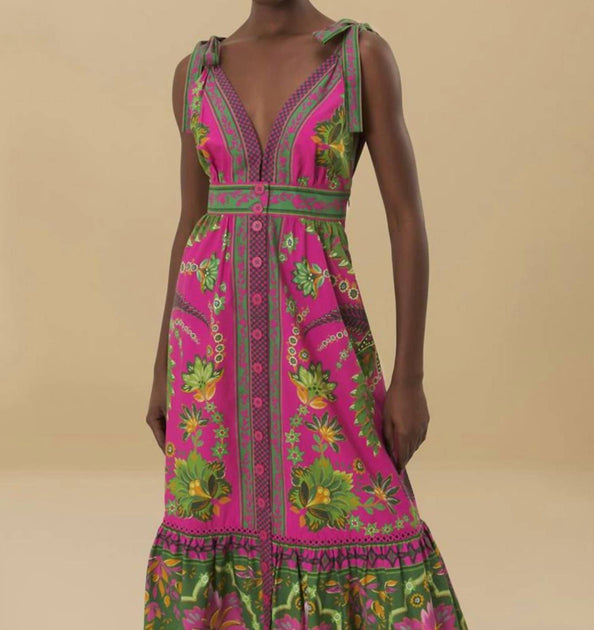 strapless open back dress FARM RIO Ana Tapestry Midi Dress In Pink