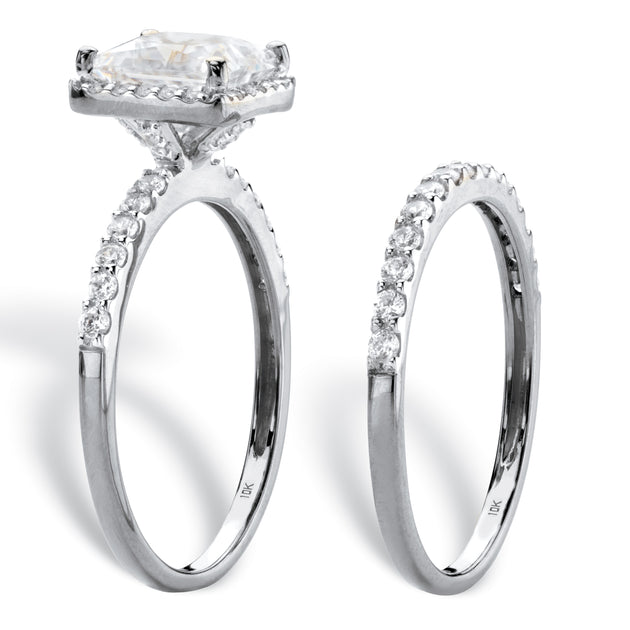 Palm Square Cubic Zirconia 10k White Gold Wedding Ring Set Silver US 7 3