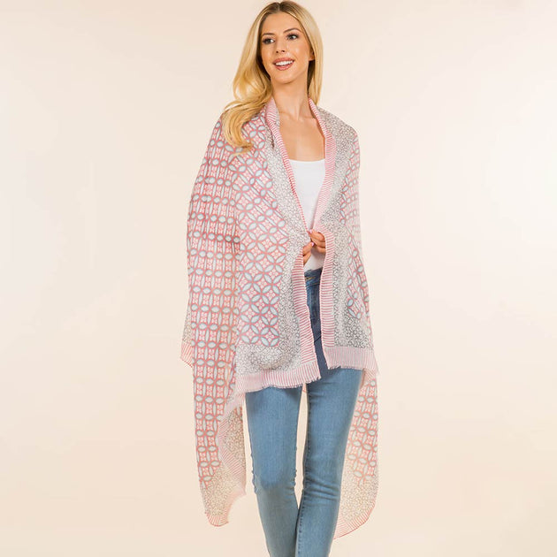 TRUEDAMES Geometric Pattern Fringe Shoulder Wrap Scarf Pink 2