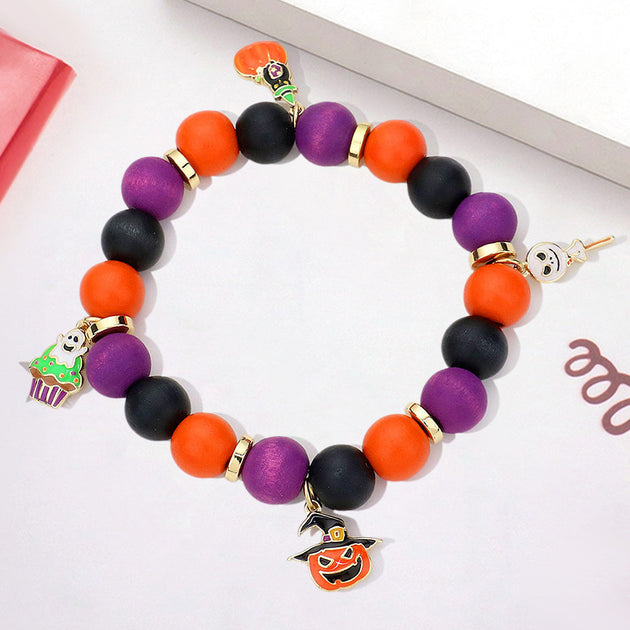 FASHNZFAB Halloween Theme Charms Wood Beaded Stretch Bracelet Gold Multi Red 3