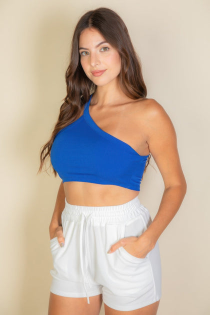 TRUEDAMES One Shoulder Ribbed Crop Top Black Large 5