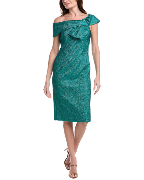 Teri Jon Pebble Jacquard Asymmetrical Bow Shoulder Dress Teal US 10 2