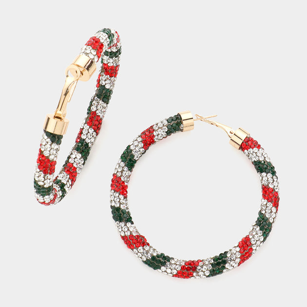 FASHNZFAB Rhinestone Pave Hoop Earrings Multi Red 3