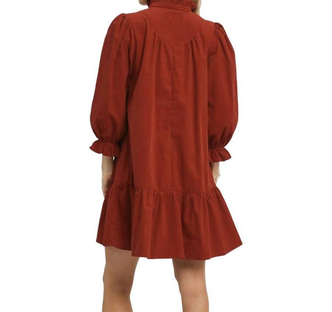 BNS Corduroy Ruffle Puff Sleeve Tiered Dress Red Small 3